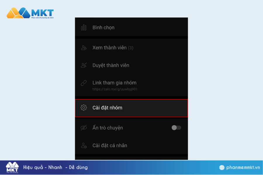Nhấn chọn Cài đặt nhóm. Giải phóng không gian Zalo: Hướng dẫn cách xóa nhóm Zalo đã lập chỉ trong nháy mắt