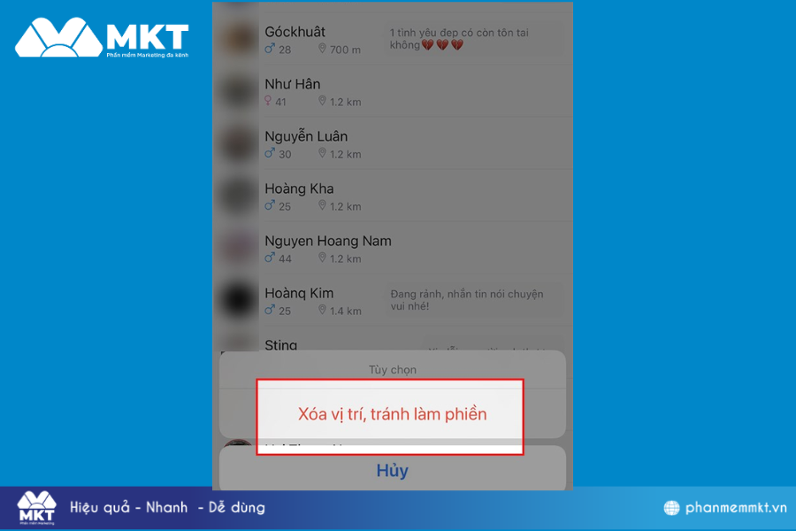 Chọn Xóa vị trí, tránh làm phiền. Cách tắt tính năng kết bạn Zalo quanh đây