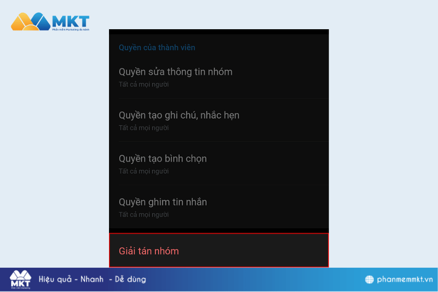 Nhấn chọn Giải tán nhóm. Giải phóng không gian Zalo: Hướng dẫn cách xóa nhóm Zalo đã lập chỉ trong nháy mắt