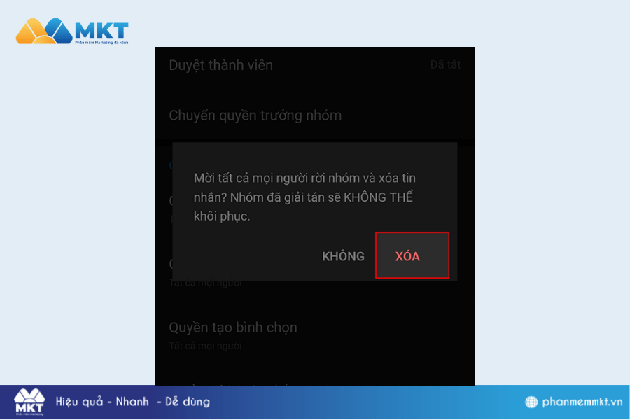 Nhấn Xóa để xác nhận giải tán nhóm. Giải phóng không gian Zalo: Hướng dẫn cách xóa nhóm Zalo đã lập chỉ trong nháy mắt