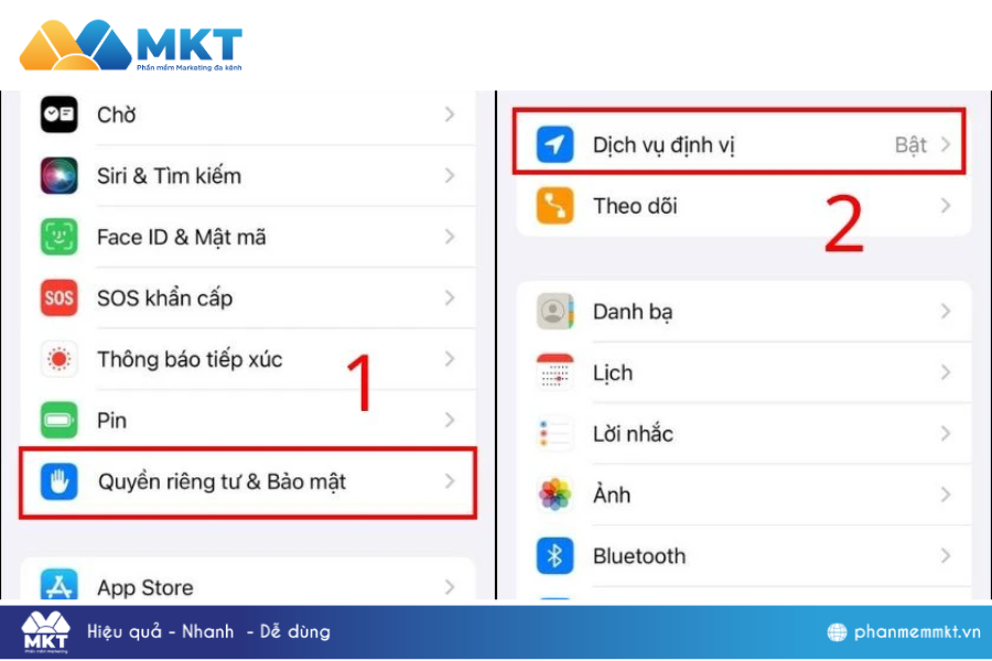 Trong phần Cài đặt, chọn mục Quyền riêng tư và Bảo mật và nhấn Dịch vụ định vị. Xử lý vấn đề không tìm được bạn bè gần đây trên Zalo