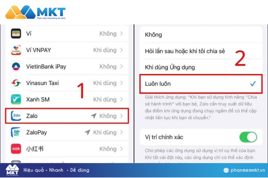 Chọn biểu tượng Zalo, rồi nhấn Luôn luôn để khắc phục lỗi Zalo tìm quanh đây trên iPhone. Xử lý vấn đề không tìm được bạn bè gần đây trên Zalo