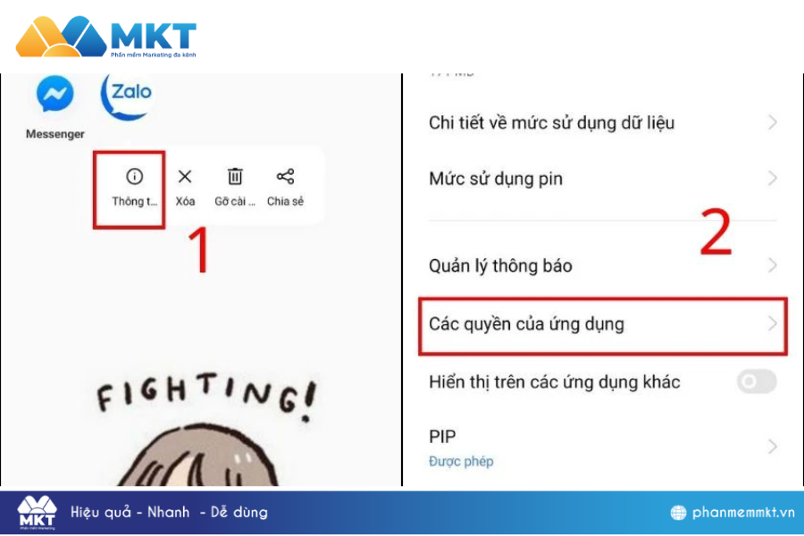 Nhấn giữ biểu tượng Zalo tại màn hình chính và chọn biểu tượng Thông tin. Chọn Các quyền của ứng dụng. Xử lý vấn đề không tìm được bạn bè gần đây trên Zalo