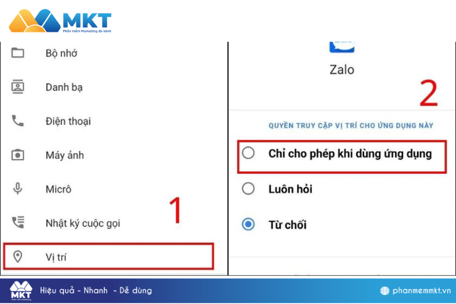 Chọn Vị trí rồi chọn mục Chỉ cho phép khi dùng ứng dụng để khắc phục lỗi tìm quanh đây Zalo. Xử lý vấn đề không tìm được bạn bè gần đây trên Zalo