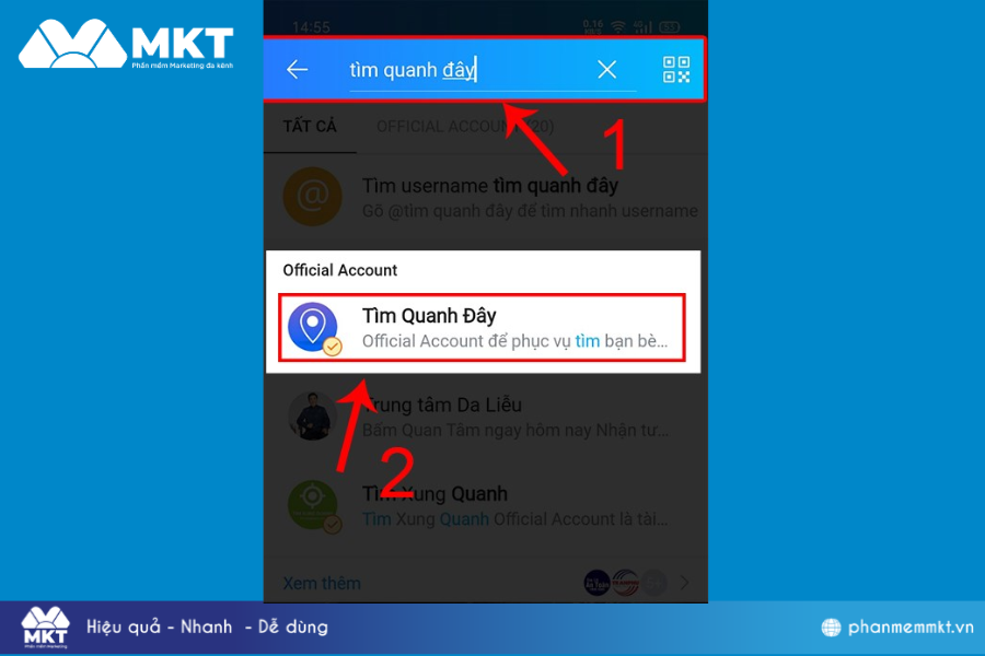 Tìm kiếm Tìm quanh đây rồi nhấn vào Official Account Tìm Quanh Đây Cách bật tính năng kết bạn Zalo quanh đây