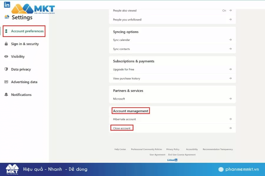 Trong phần Account (Tài khoản), chọn Account management Cách xóa vĩnh viễn tài khoản LinkedIn trên máy tính