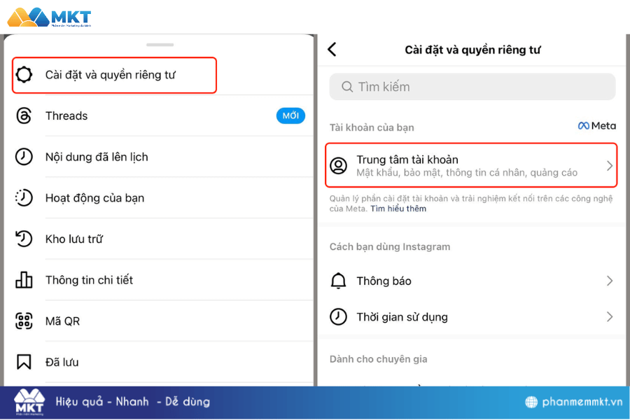 Chọn Cài đặt và quyền riêng tư rồi nhấn vào Trung tâm tài khoản. Cách vô hiệu hoá tài khoản Instagram
