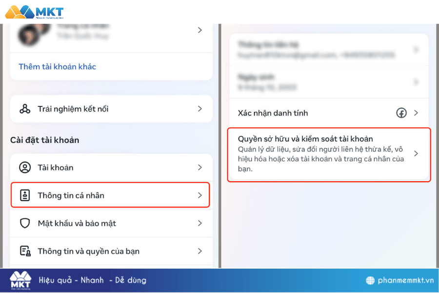 Chọn Thông tin cá nhân, chọn Quyền sỡ hữu và kiểm soát tài khoản. Cách vô hiệu hoá tài khoản Instagram