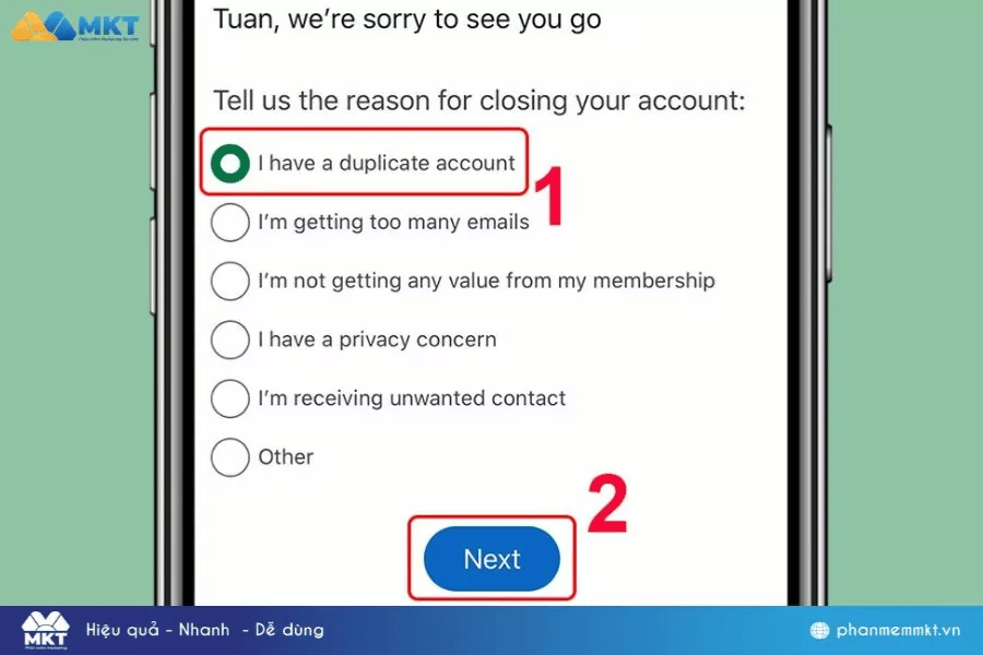 Chọn một lý do để xóa tài khoản và chọn Next. Cách xóa tài khoản LinkedIn vĩnh viễn trên điện thoại