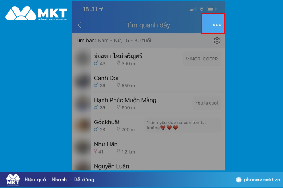 Nhấn vào biểu tượng 3 dấu chấm ở góc trên bên phải. Cách tắt tính năng kết bạn Zalo quanh đây