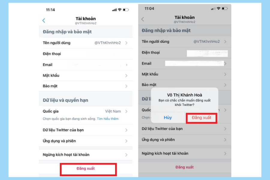 Chọn Đăng xuất rồi tiếp tục chọn mục Đăng xuất