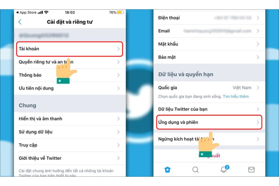 Chọn Tài khoản sau đó chọn Ứng dụng và phiên