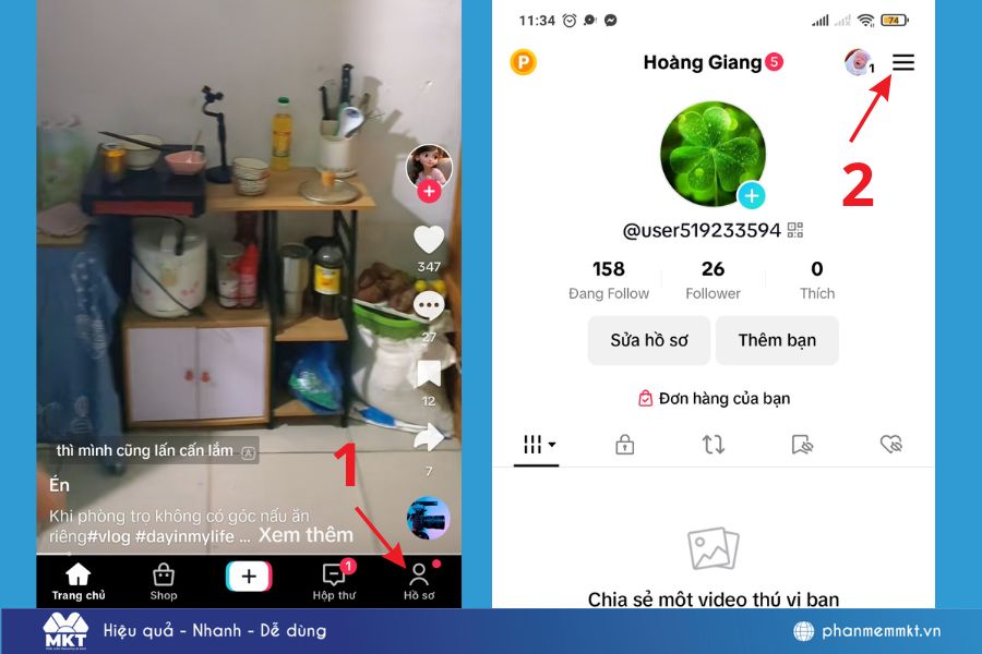 Mở TikTok -> Hồ sơ