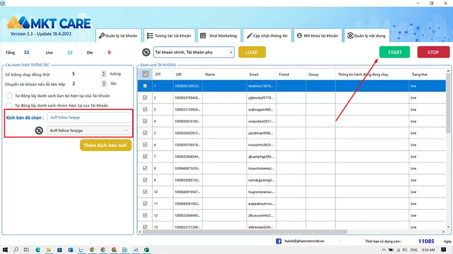 CHỌN CÁC TÀI KHOẢN MUỐN TƯƠNG TÁC rồi nhấn START