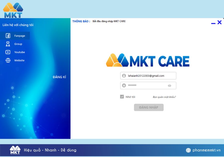 Đăng nhập vào phần mềm MKT Care để sử dụng Đăng nhập vào phần mềm MKT Care để sử dụng