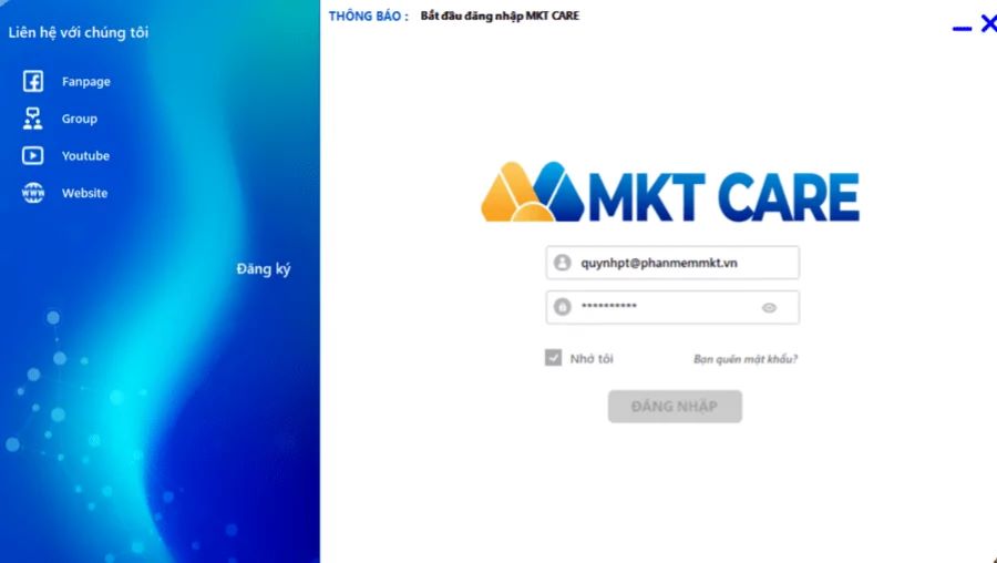 Đăng nhập vào phần mềm MKT Care