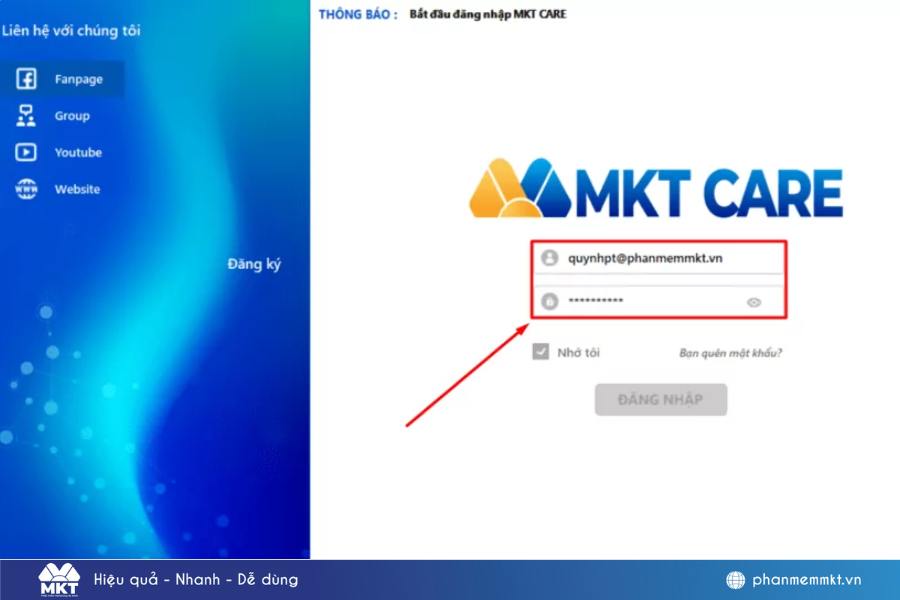 Đăng nhập vào phần mềm MKT Care Đăng nhập vào phần mềm MKT Care