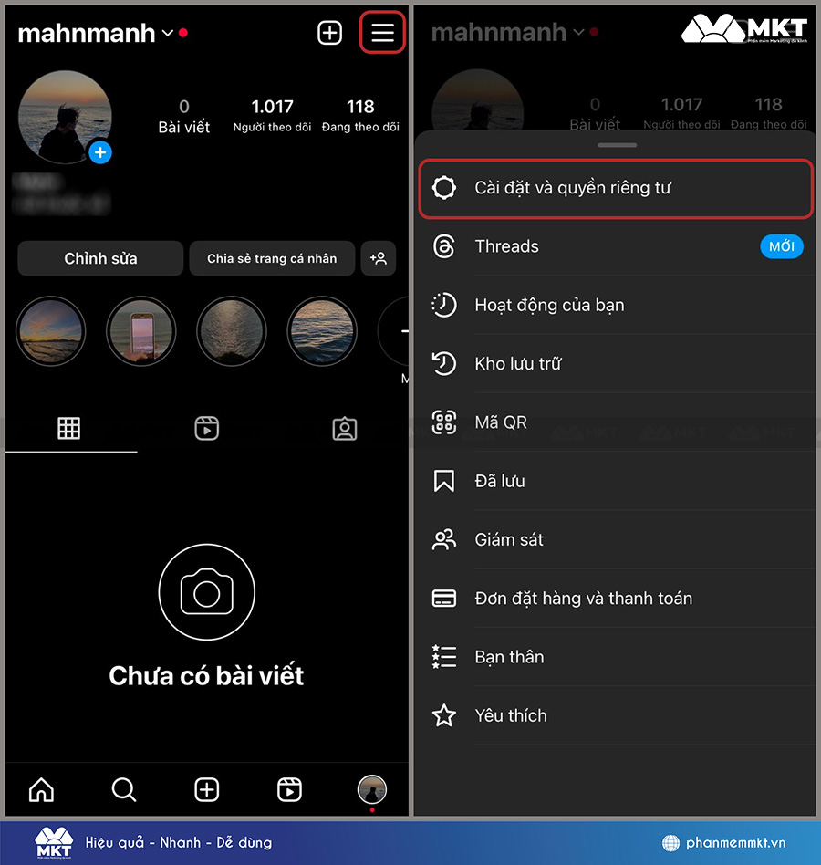 Trang cá nhân -> Cài Đặt và Quyền Riêng Tư