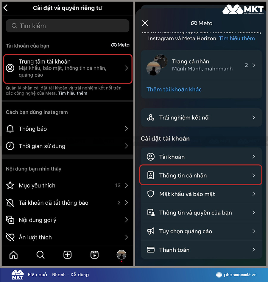 Trung tâm tài khoản -> Thông tin cá nhân