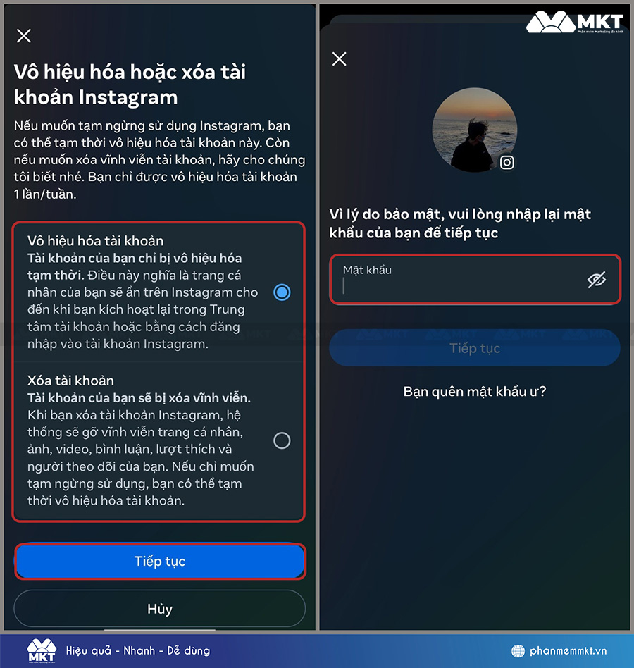 Chọn vô hiệu hóa tài khoản