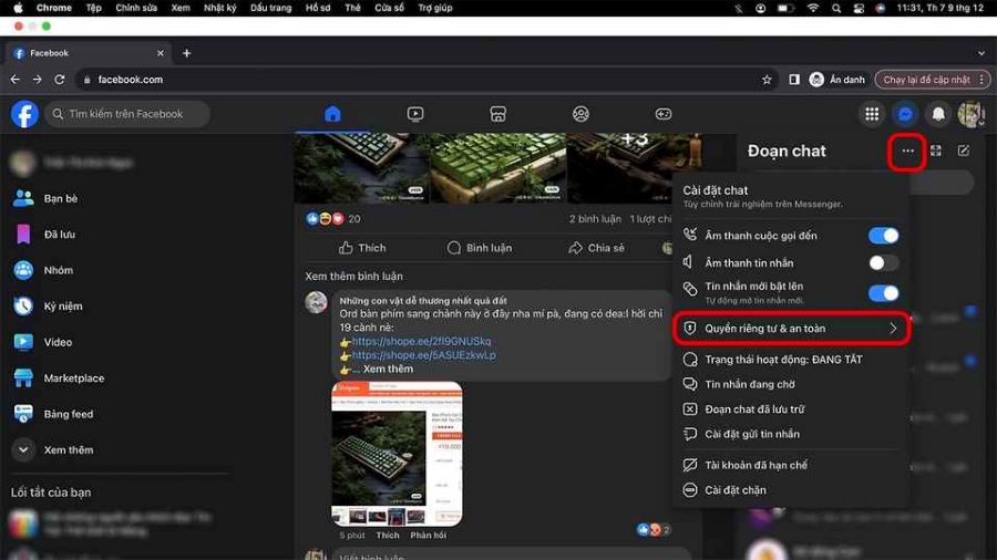 Messenger -> Quyền riêng tư và an toàn