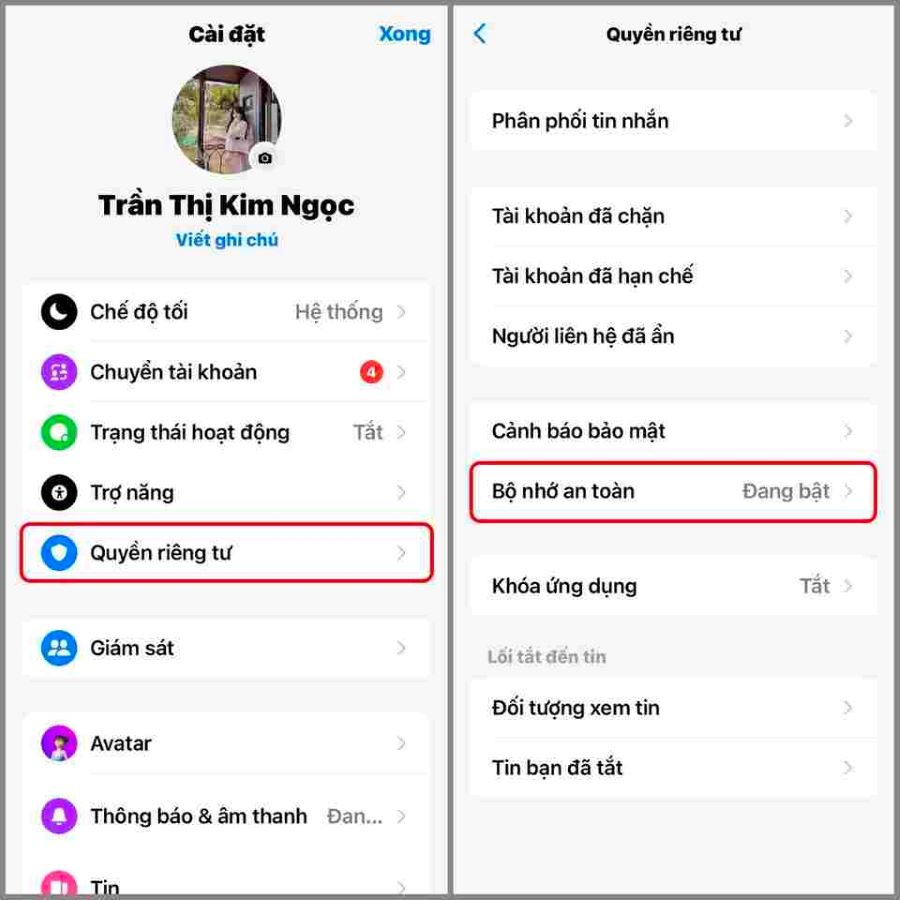 Cài đặt và quyền riêng tư -> Bộ nhớ an toàn