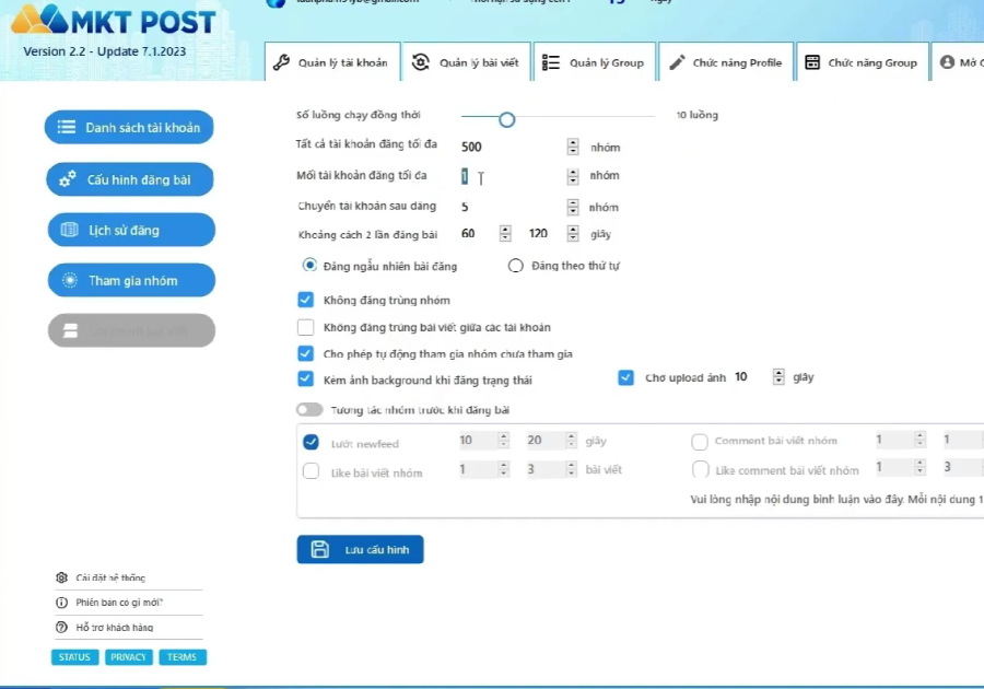 Cài đặt cấu hình trong phần mầm đăng bài group Facebook MKT Post