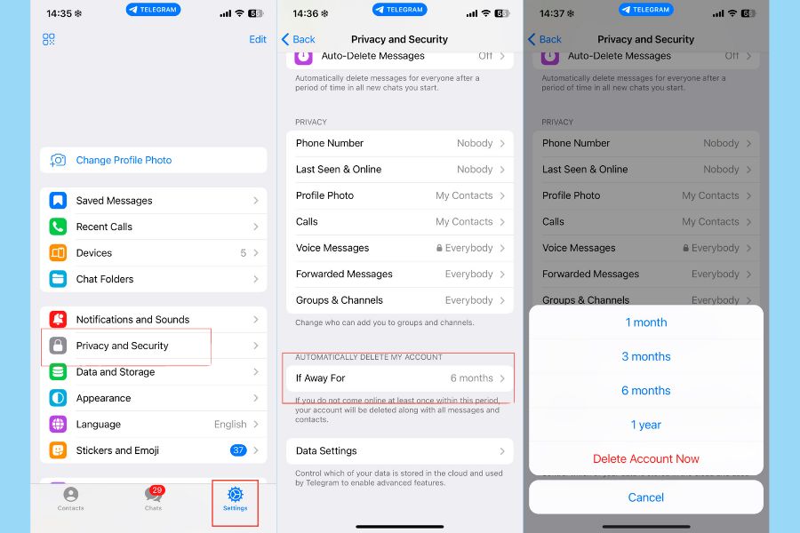Lên lịch xóa tài khoản Telegram