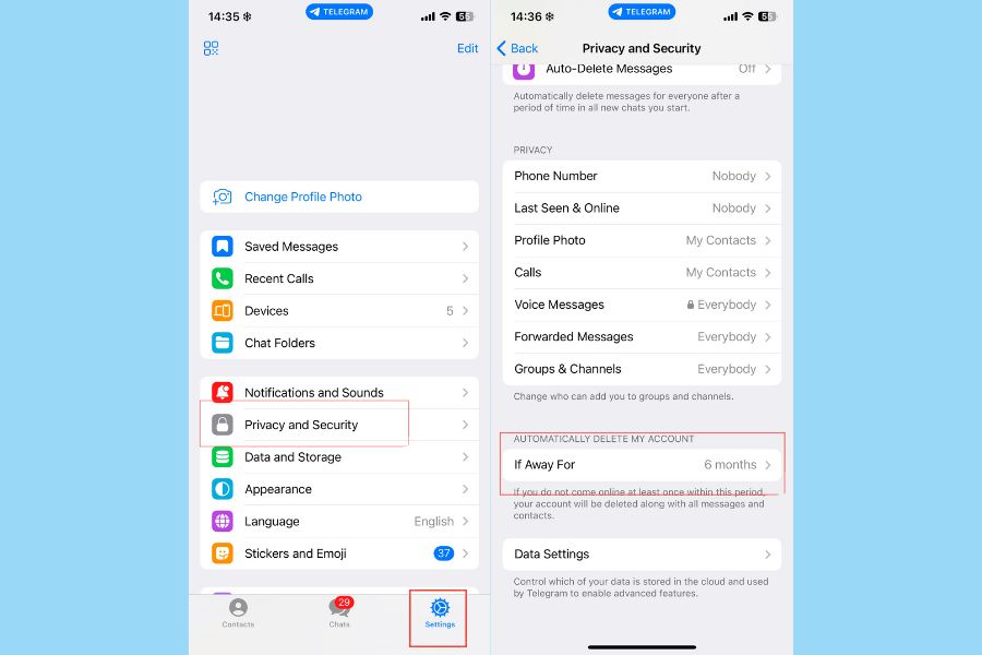 Setting -> Privacy and Security