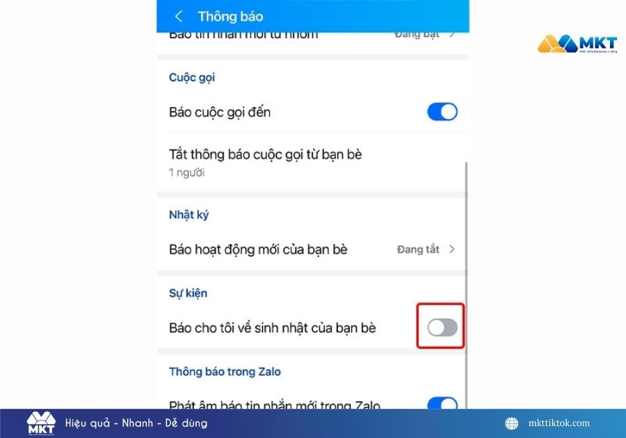cách tắt thông báo sinh nhật Zalo